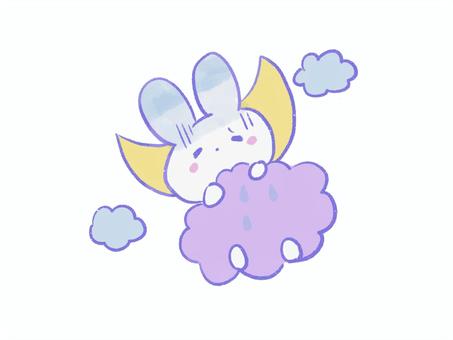 布団で寝る体調不良のうさぎのイラスト 体調不良,布団,風邪,病気,うさぎ,寝る,休息,夜,月,雲のイラスト素材