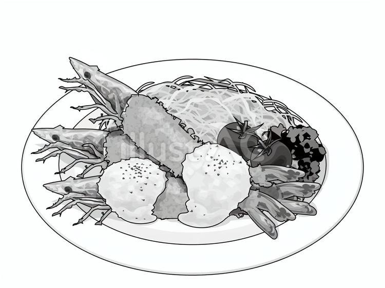 頭付きエビフライ（白黒） エビフライ,白黒,漫画のイラスト素材