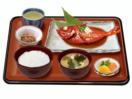 金目鯛定食Ⅲ（朱色お盆付き） 金目鯛,煮魚,日本料理,魚,定食,料理,家庭料理,煮つけ,和食,魚料理のイラスト素材