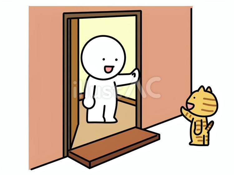 棒人間の家を訪ねてきた猫 訪ねる,訪問,棒人間のイラスト素材
