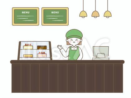 レジカウンターに立つカフェの店員さん