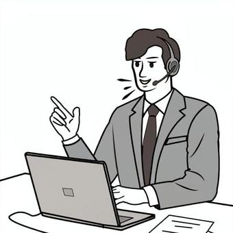 オンライン会議をしているサラリーマン オンラインミーティング,リモートワーク,テレワーク,web会議,ビデオ会議,サラリーマン,男性,スーツ,ノートpc,ヘッドセットのイラスト素材