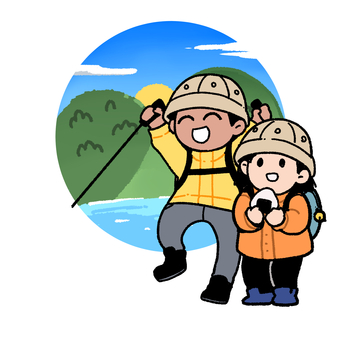 山登りする男女 山,子供,男女,カップル,登山,アウトドア,手描き,かわいい,楽しい,帽子のイラスト素材