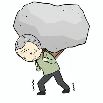 重荷を背負うシニア男性 重荷,背負う,重圧,プレッシャー,責任,重たい,つらい,必死,表情,シニアのイラスト素材