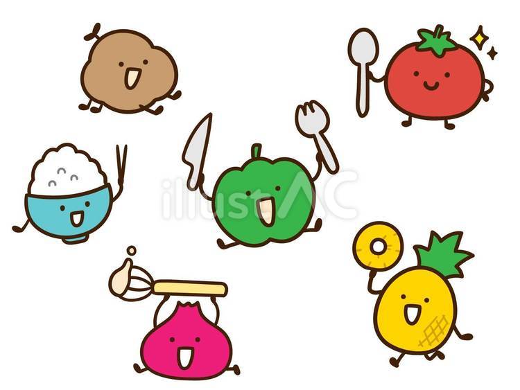 色々な動きをする食べ物たちのセット 食べ物,食材,笑顔のイラスト素材