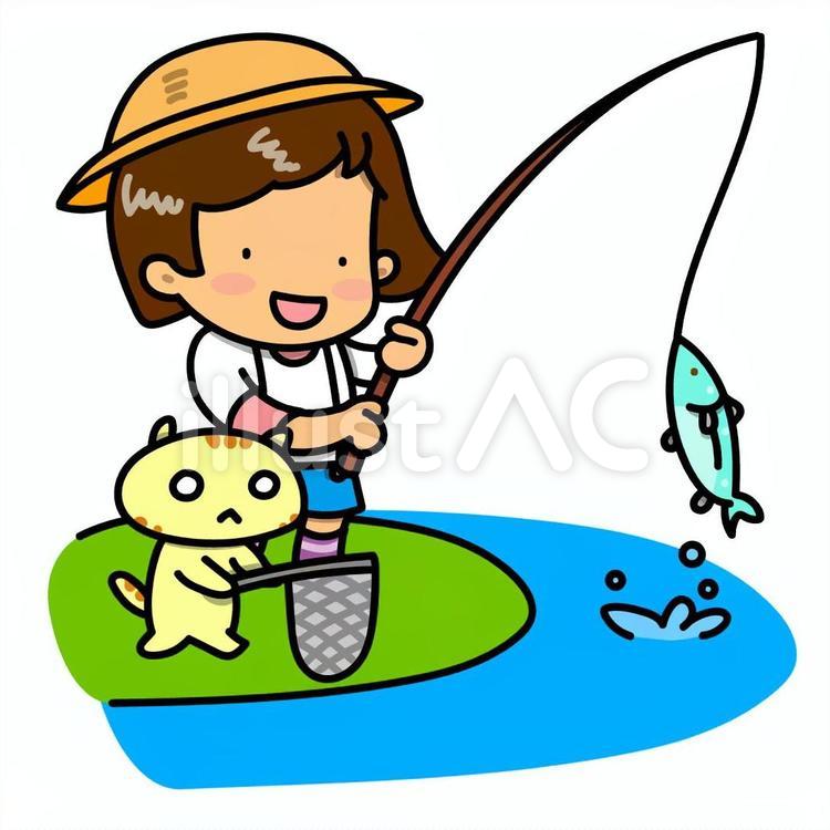 魚釣りをする女の子とネコ 女の子,おんなのこ,女子のイラスト素材