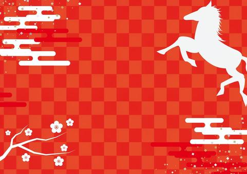 午年の正月のおしゃれな赤色の和風背景素材 正月,午年,和風,和柄,馬,雲,梅,枝,紙吹雪,背景のイラスト素材