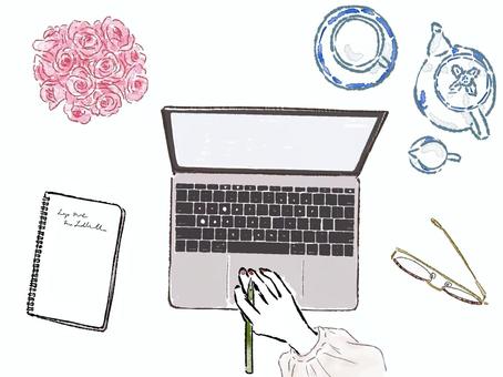 手　PC　ティーセット　花　ビジネス パソコン,手,ティーセット,めがね,pc,仕事,ビジネス,キーボード,ノート,手帳のイラスト素材