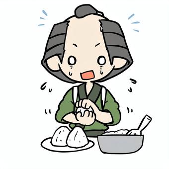 おにぎりを握る焦る町民 町民,おにぎり,握る,焦る,やばい,慌てる,苦手,おむすび,家事,お弁当のイラスト素材