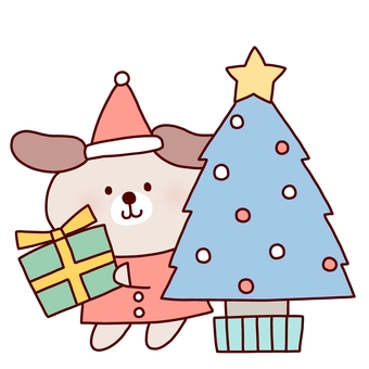 クリスマスツリーと犬 クリスマス,ツリー,犬,動物,プレゼント,サンタ,帽子,冬,線画,可愛いのイラスト素材