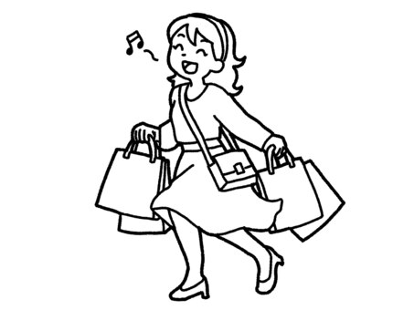 【白黒】いっぱい買ったよ【線画】 紙袋,買い物,バーゲン,セール,特売,ブランド品,女性,デパート,贅沢,散財のイラスト素材