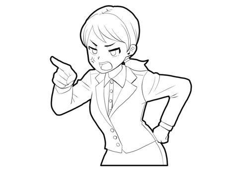 【白黒】厳しい女性の上司【線画】 叱咤激励,叱る,怒る,女性,パワハラ,ガミガミ,指差し,萌え絵,白黒,線画のイラスト素材