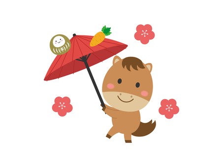 馬の傘回し2 馬,午年,傘回し,人参,傘,干支,だるま,動物,野菜,梅のイラスト素材