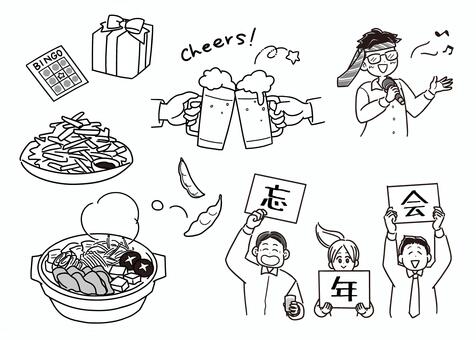 わいわい忘年会の線画セット 忘年会,飲み会,新年会,乾杯,ビール,生ビール,ジョッキ,居酒屋,お酒,アルコールのイラスト素材