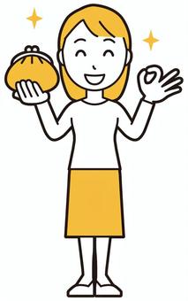  ロングヘア女性(黄)-002-全身 財布,女性,女の子,人物,かわいい,収入,給料,ボーナス,お札,現金のイラスト素材