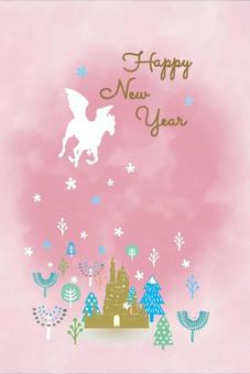 年賀状うま＿北欧風03 年賀状,午,北欧風,雪,森,木,結晶,針葉樹,枯れ木,森林のイラスト素材