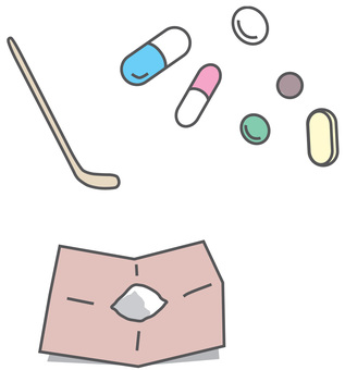 薬の調合と投薬 薬,調合,投薬,医療,薬剤,飲み薬,粉薬,竹スプーン,カプセル,錠剤のイラスト素材