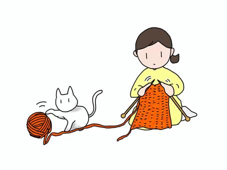 Illustration, knitting, yarn ball, cat, 