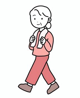シンプルウォーキング女性（p） シンプル,ウォーキング,人,女,マダム,おばあちゃん,タオル,運動,歩く,手描きのイラスト素材