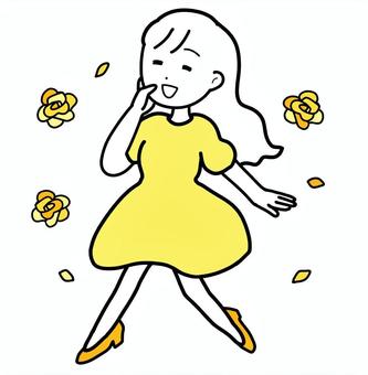 シンプル浮かれる女（y） シンプル,浮かれる,ウキウキ,女,人,バラ,花,ワンピース,喜び,楽しみのイラスト素材