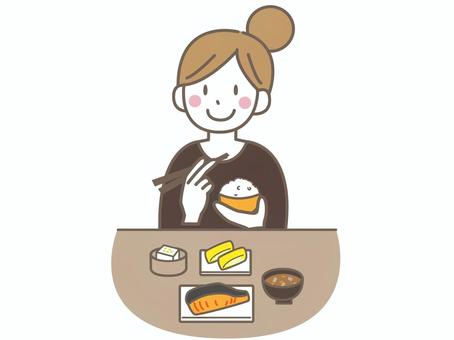 和食を食べる女性 和食を食べる女性 和食,朝ごはん,朝食,食べる,白米,ご飯,味噌汁,汁物,焼き魚,焼鮭のイラスト素材