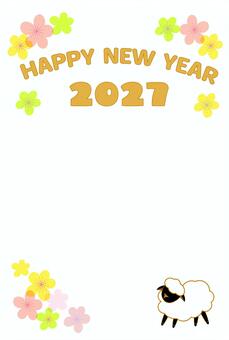 ひつじ縦型ファンシー年賀状 D 年賀状,ひつじ,未年,フラワー,花,2027年,新年,ニューイヤー,年賀はがき,ポストカードのイラスト素材