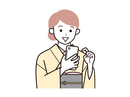 スマホを操作する着物女性A右向／カラー スマホ,操作,笑顔,女性,お母さん,着物,講師,20代,30代,40代のイラスト素材