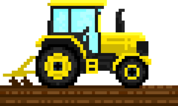ドット絵の黄色のトラクター作業です。 ドット絵,トラクター,シンプル,耕運機,畑,仕事,農機具,農業,機械,田畑のイラスト素材