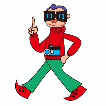 趣味のカメラ メガネ,カメラ,男性,歩く,オレンジ色のイラスト素材