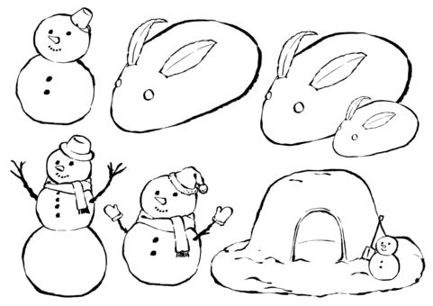 雪だるま6種　墨筆 かまくら,雪だるま,スノーマン,雪うさぎ,積雪,雪玉,スコップ,手袋,墨絵,バケツのイラスト素材