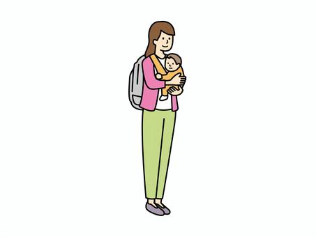 あかちゃんを抱く女性 女性,子ども,全身,笑顔,子育て,育児,赤ちゃん,ママ,抱っこ紐,抱っこのイラスト素材