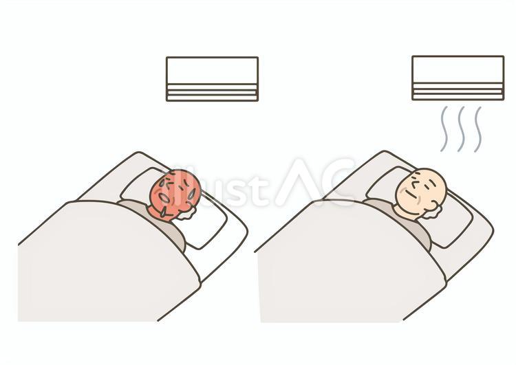 エアコンをつけて寝る高齢男性のイラスト エアコン,クーラー,つけるのイラスト素材