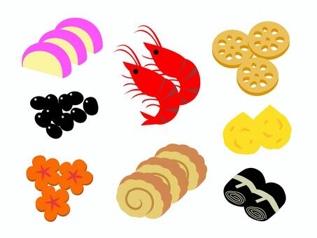 お正月のおせち料理のイラストセット おせち,おせち料理,お正月,お節,お節料理,年賀状,シンプル,和風素材,年賀状素材,年賀素材のイラスト素材