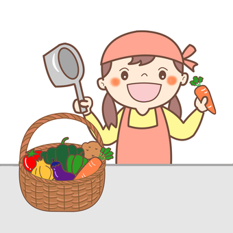 クッキング 調理,実習,エプロン,野菜,にんじん,かぼちゃ,じゃがいも,ピーマン,ナス,たまねぎのイラスト素材