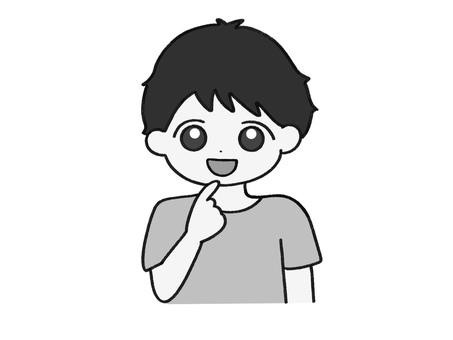 笑顔で自分を指差す男の子　モノクロ 私,自分,指さす,笑顔,にっこり,アピール,自己紹介,元気,感情,気づくのイラスト素材