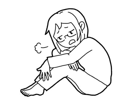 【白黒】憂鬱な気持ち【線画】 憂鬱,ネガティブ,溜息,女性,苦しい,メンタル,悲しい,辛い,鬱病,白黒のイラスト素材