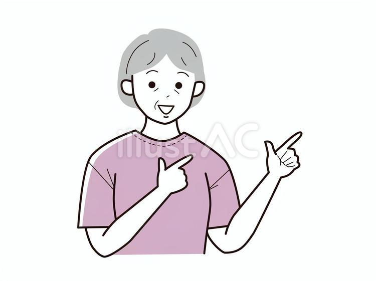 両手で指差しアピールのシニア女性／カラー シニア,上半身,半袖のイラスト素材