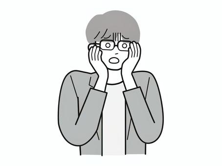 手を頬に当て青ざめる働く男性A／白黒 両手,頬,青ざめる,男性,お父さん,会社員,アドバイザー,20代,30代,40代のイラスト素材