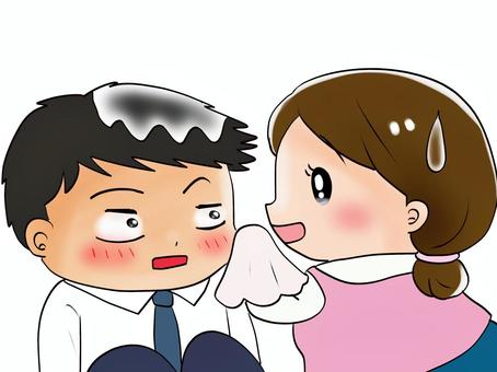 頭が濡れた男性にハンカチを差し出す女性 男性,女性,ハンカチ,濡れる,拭く,汗のイラスト素材