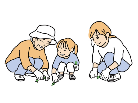草むしりをする親子三代 人物,シニア,母親,祖母,子ども,女の子,女性,おばあさん,草むしり,庭仕事のイラスト素材
