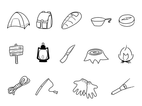 キャンプセット線画 キャンプ,アウトドア,登山,趣味,手描き,アイコン,背景透過,セット,テント,リュックサックのイラスト素材