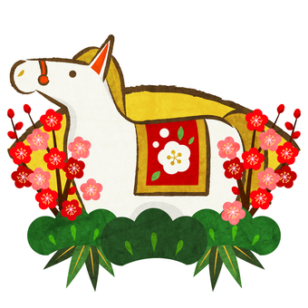 zodiac26101 馬,午年,扇,梅,松,年賀状,花,和風,水彩,和紙のイラスト素材