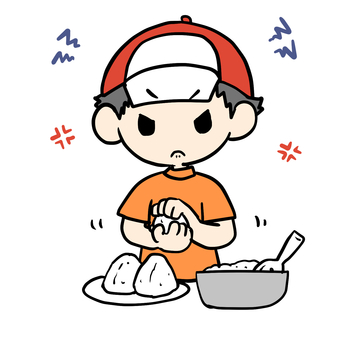 おにぎりを握る怒る少年 小学生,怒る,おにぎり,握る,おむすび,家事,イライラ,むかむか,ストレス,不満のイラスト素材