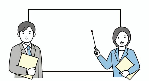 ホワイトボードの前で説明をする女性 プレゼンテーション,ホワイトボード,説明,プレゼン,男性,女性,ミーティング,指示棒,指し棒,ビジネスのイラスト素材