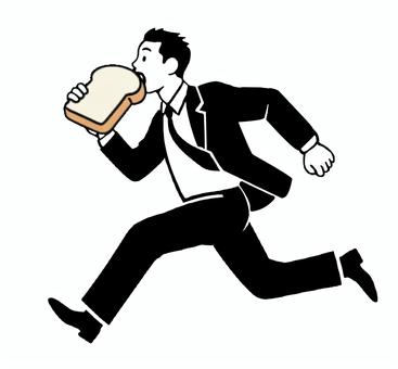 パンにかじりついて急いで出勤する人 出勤,遅刻,パン,朝食,走る,スーツ,ビジネスマン,疾走,空腹,忙しいのイラスト素材