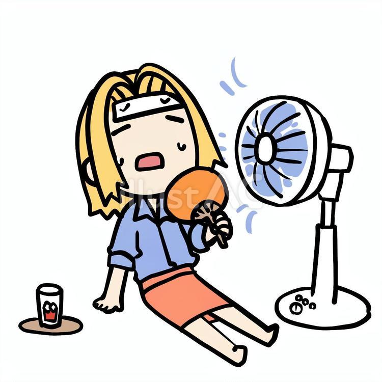 扇風機の風に当たる汗だくの金髪女性 金髪,暑い,涼むのイラスト素材