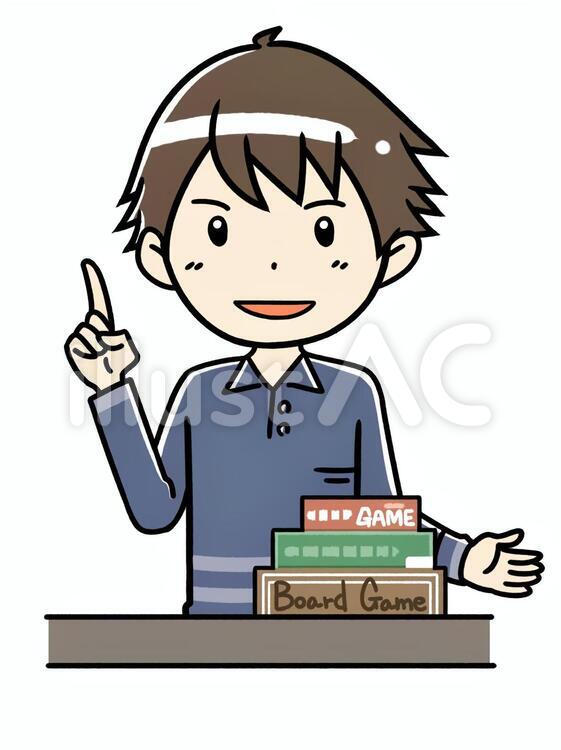 ボードゲームを紹介する男性 ボードゲーム,趣味,紹介のイラスト素材