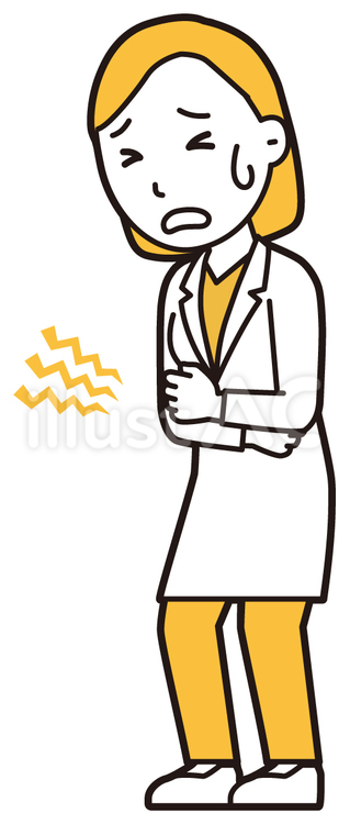  女性医師白衣(黄)-066-全身 腹痛,女医,医師のイラスト素材