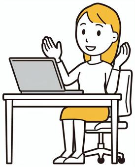  ロングヘア女性(黄)-105-全身 パソコン,女性,女の子,人物,かわいい,デスク,机,インターネット,仕事,座るのイラスト素材