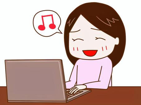 Laughing woman looking at computer, computer, female, a smile, JPG and PNG